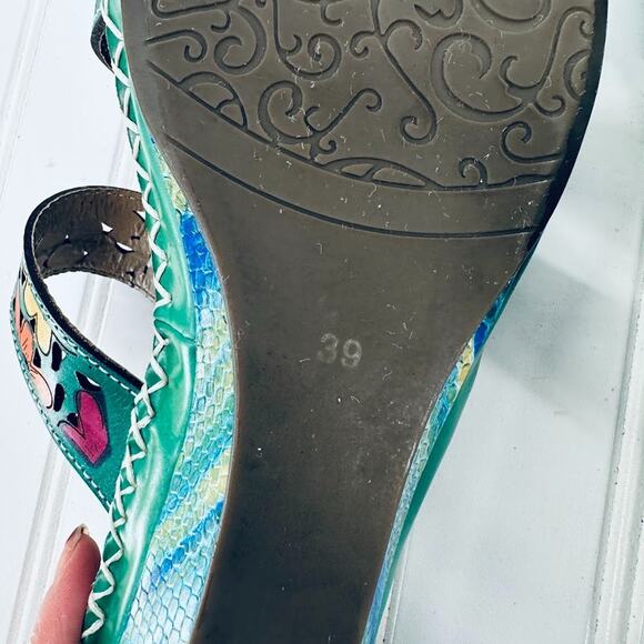 Spring Step L'ARTISTE Vardi Colorful Floral Sandals Slides Leather Wedge Size 39 - Picture 7 of 9